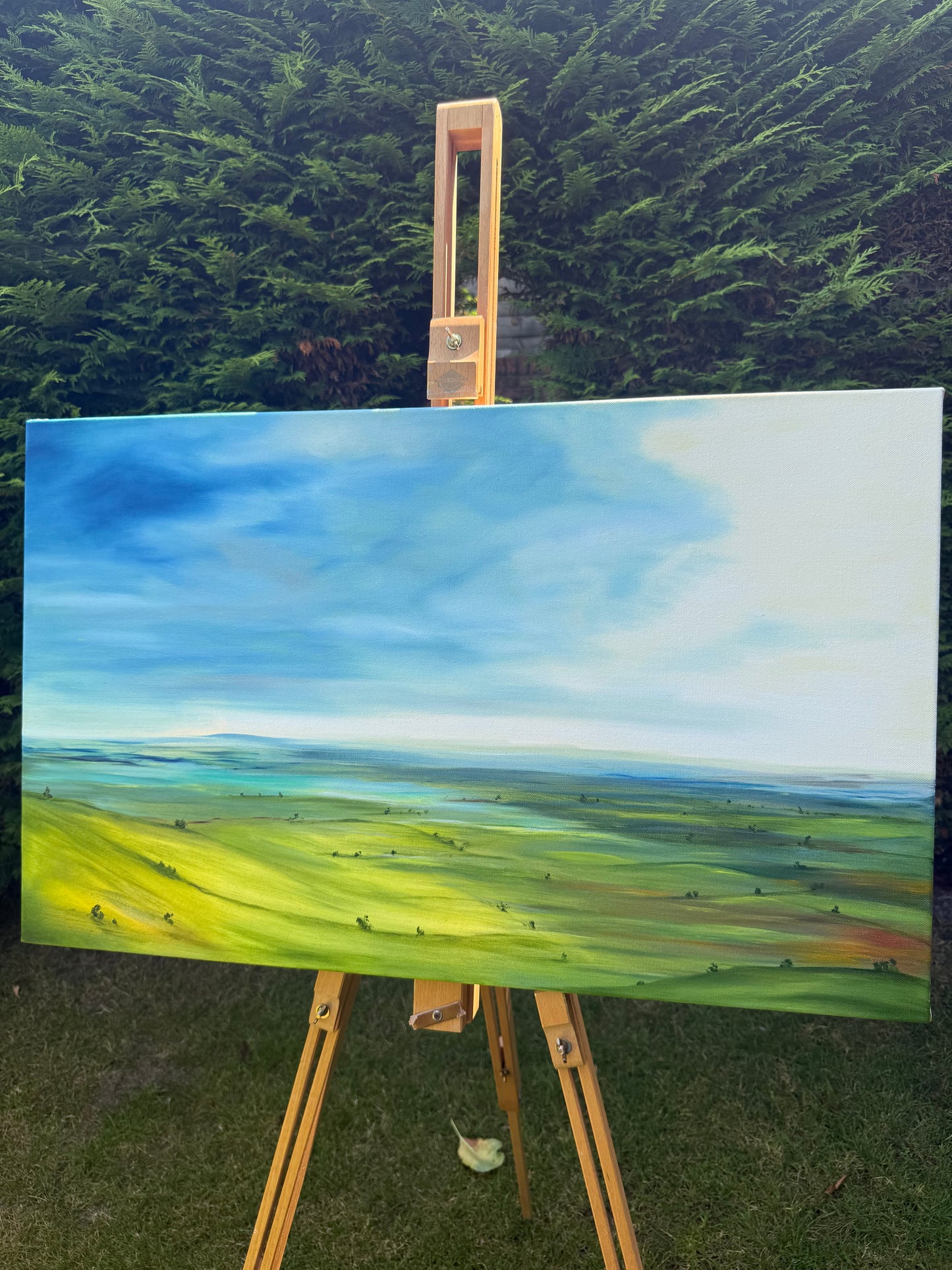 Breathe original oil landscape painting of rolling green hills under a dramatic blue and white sky by Caroline Manson