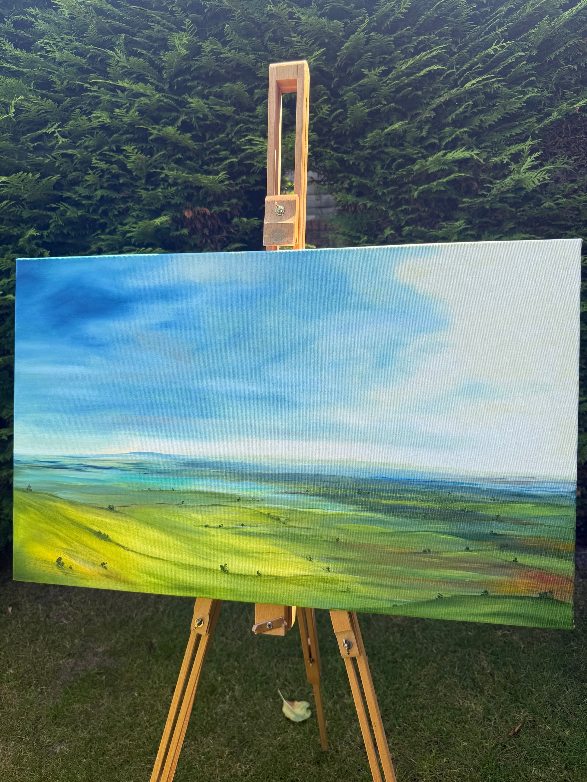 Breathe original oil landscape painting of rolling green hills under a dramatic blue and white sky by Caroline Manson